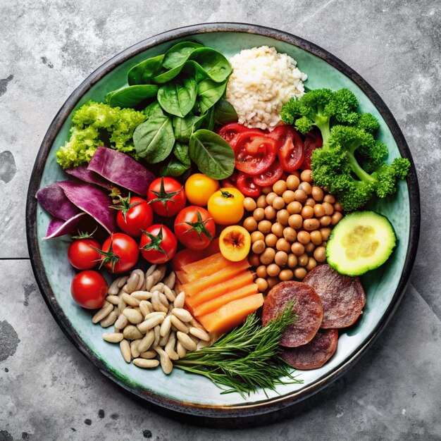 Photo a plate of food with fruit and veggies on it