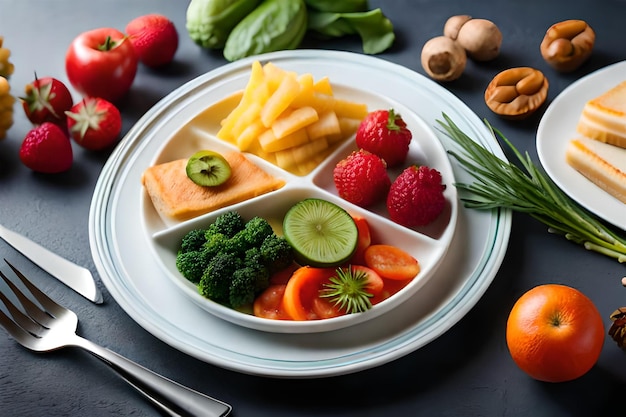 a plate of food with fruits and vegetables on a black background