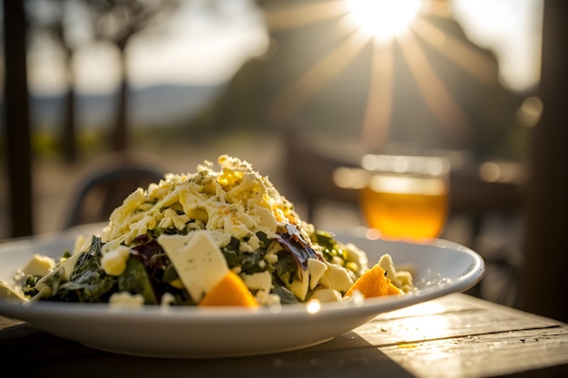 A plate of food with a glass of beer in the background