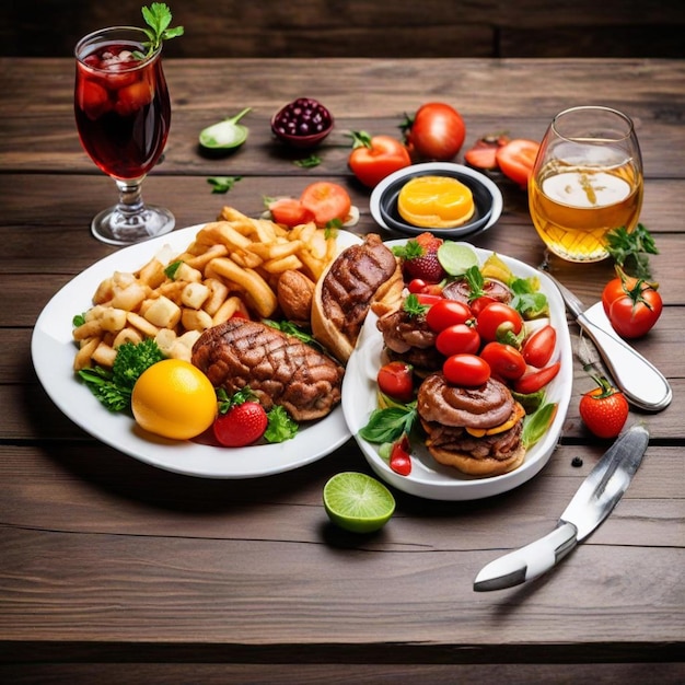 a plate of food with a glass of beer next to it