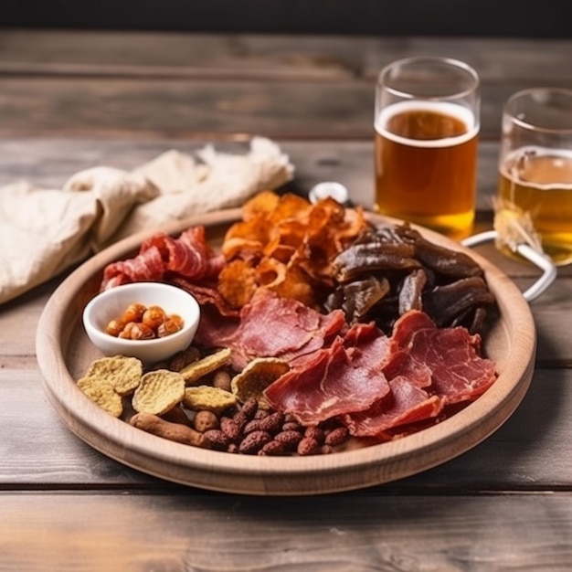 A plate of food with a glass of beer on the table