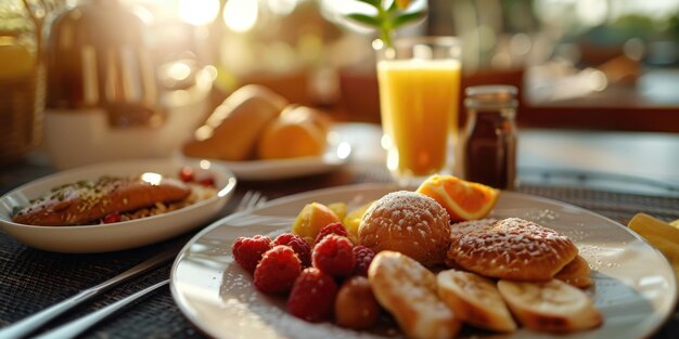 A plate of food with a glass of orange juice on a table The plate has a variety of food items such as pancakes waffles and fruit Scene is inviting and appetizing