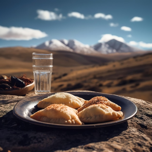 A plate of food with a glass of water and mountains in the background.