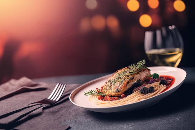 A plate of food with a glass of wine and a bottle of wine on the table.