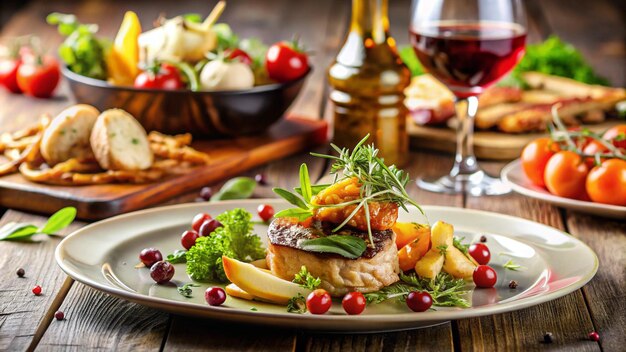 Photo a plate of food with a glass of wine and a glass of wine