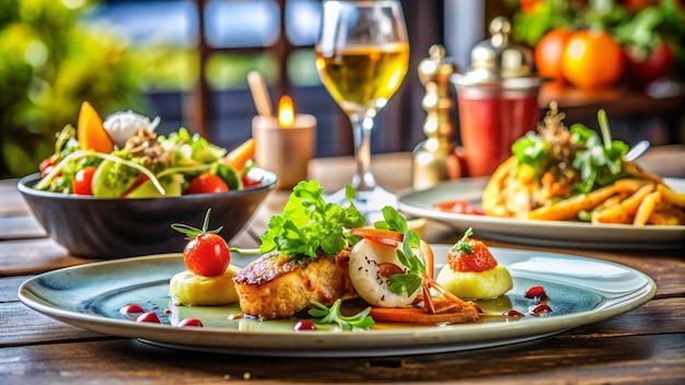 a plate of food with a glass of wine next to it with a glass of wine