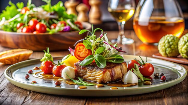 Photo a plate of food with a glass of wine next to it