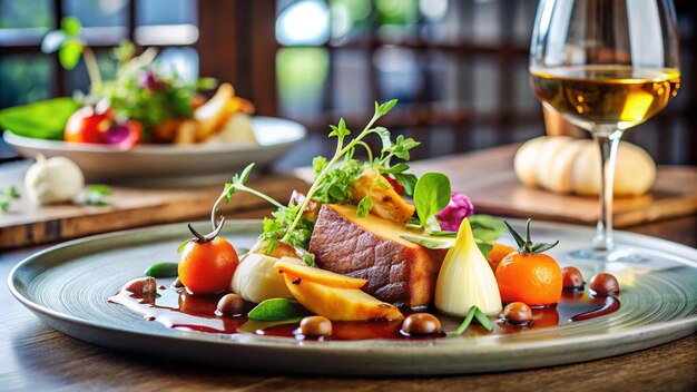 Photo a plate of food with a glass of wine next to it