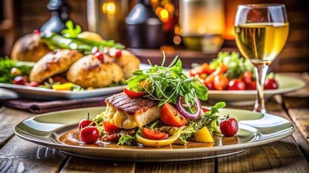 Photo a plate of food with a glass of wine next to it