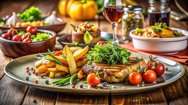 Photo a plate of food with a glass of wine and a plate of food on it