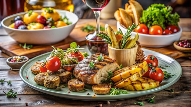 Photo a plate of food with a glass of wine and a plate of food on it