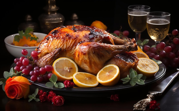 a plate of food with a glass of wine and a turkey on the table