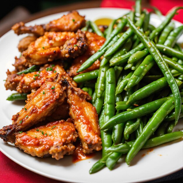 a plate of food with green beans and a green beans