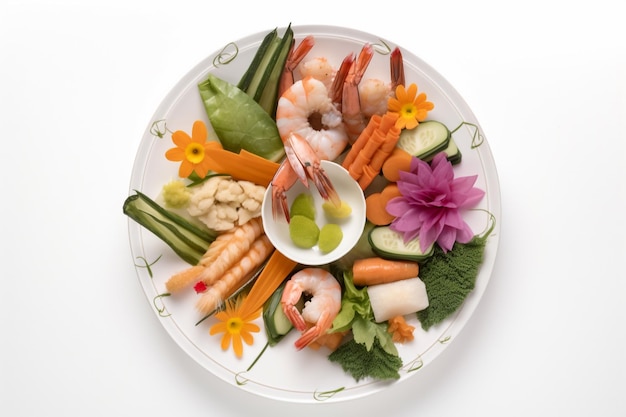 A plate of food with a green floral pattern on it