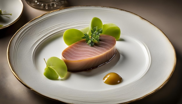 a plate of food with a green leaf on it