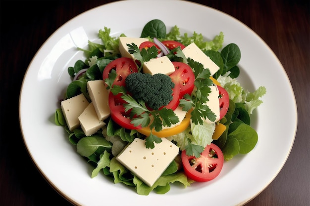 A plate of food with a green leaf in the middle and a red heart in the middle.