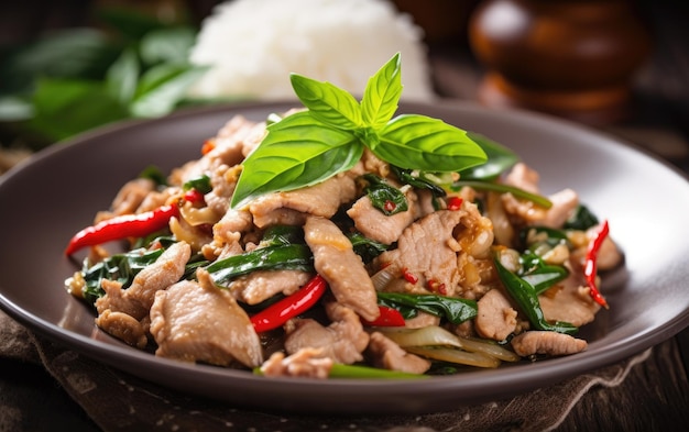 A plate of food with a green leaf on top