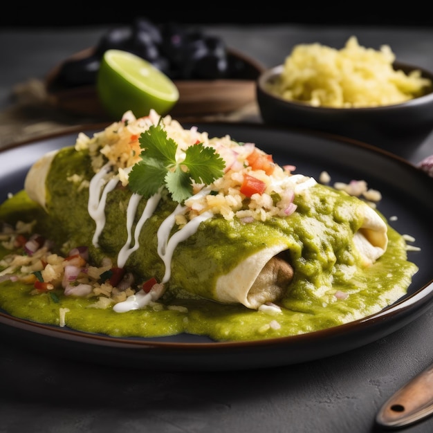 A plate of food with green sauce and cilantro on it.