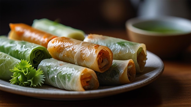 Photo a plate of food with a green vegetable on it