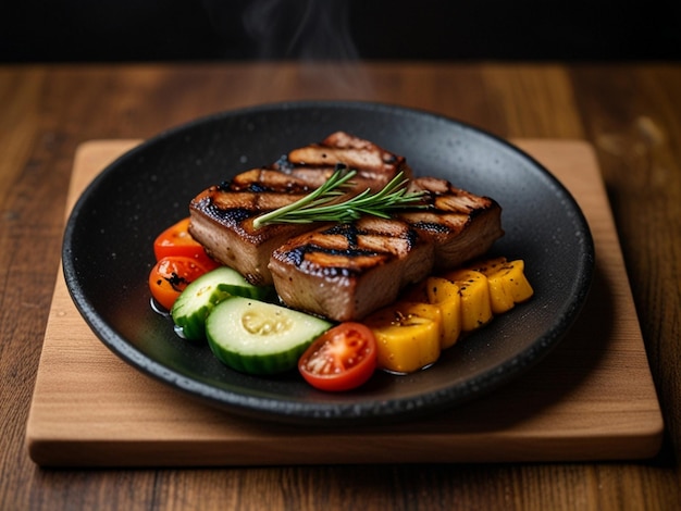 Photo a plate of food with a grilled meat and vegetables on it