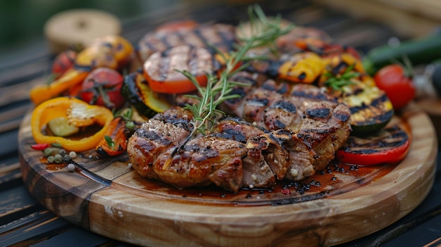 a plate of food with grilled meat and vegetables on it