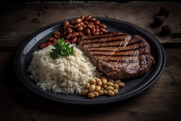 A plate of food with a grilled pork chop and beans