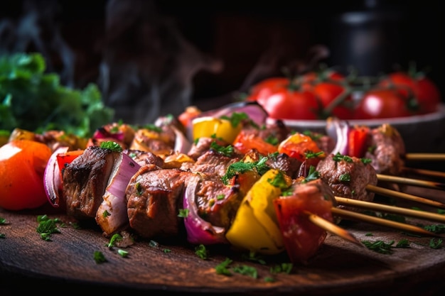 A plate of food with a grilling plate of meat and vegetables