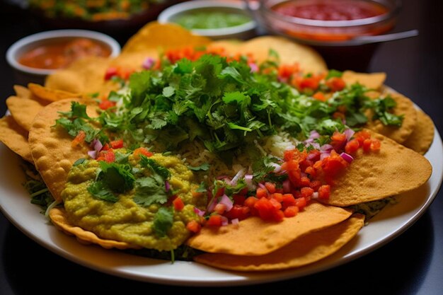 a plate of food with guacamole and avocado