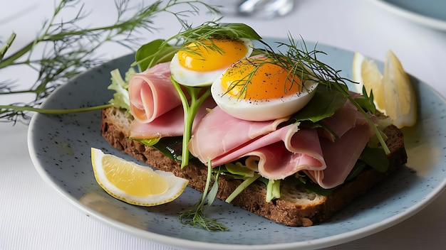 a plate of food with ham and egg on it