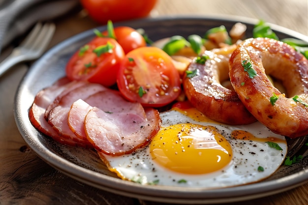 Plate of Food with Ham Eggs Onion Sausage and More