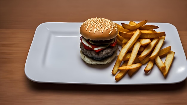 A plate of food with a hamburger and french fries