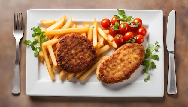 a plate of food with a hamburger and fries on it