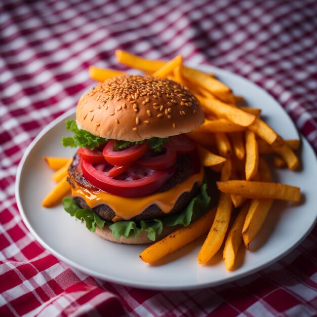 A plate of food with a hamburger and fries on it