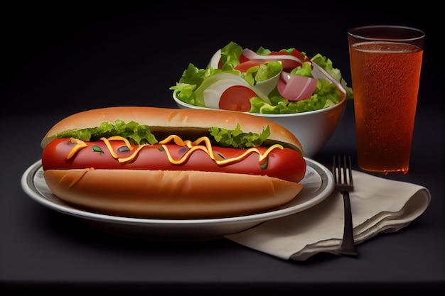 A plate of food with a hot dog on it and a glass of beer behind it.