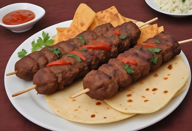 a plate of food with kebab and ketchup