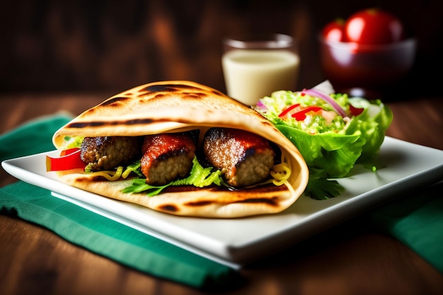 A plate of food with a kebab and a salad