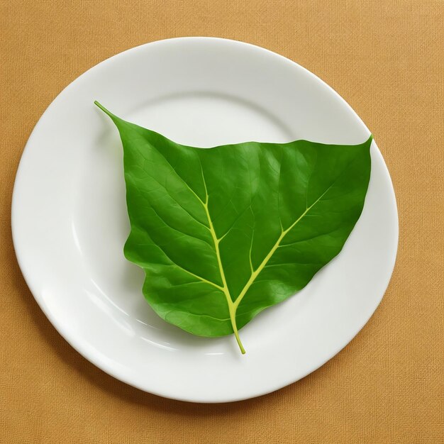 A plate of food with a leaf on it