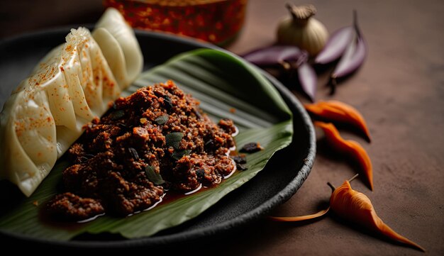 A plate of food with a leaf that says'mutton '