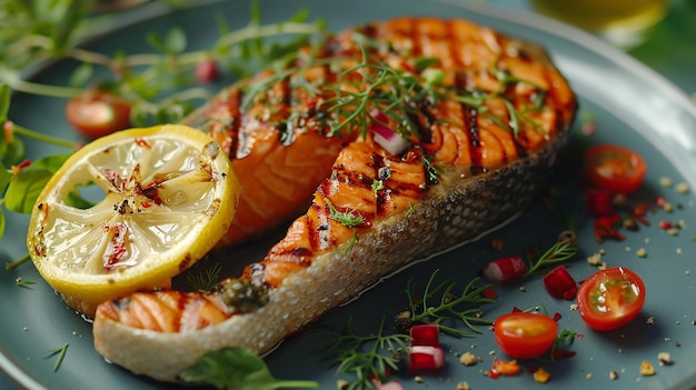 a plate of food with a lemon and a lemon wedge