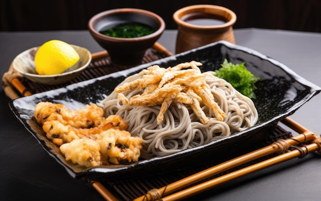 A plate of food with a lemon and a plate of soba noodles.