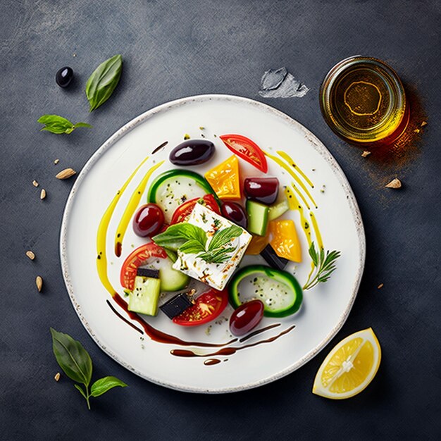 A plate of food with a lemon on the side and a plate of food on the table.