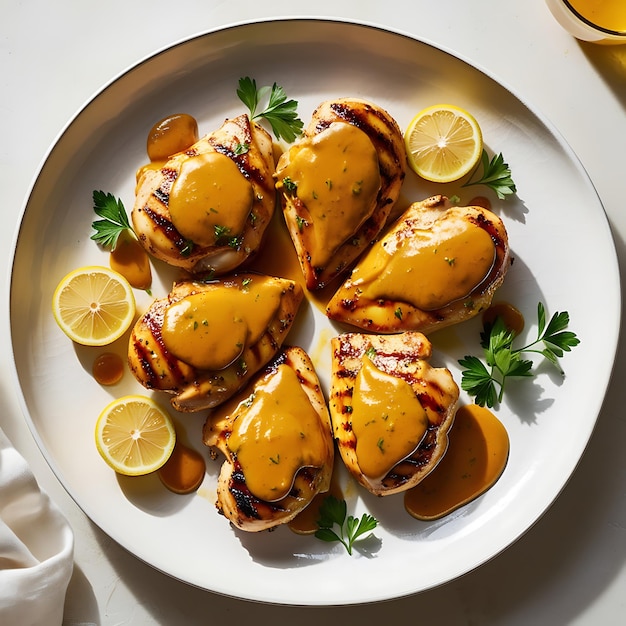 Photo a plate of food with lemon slices and a plate of food with a lemon wedge on it