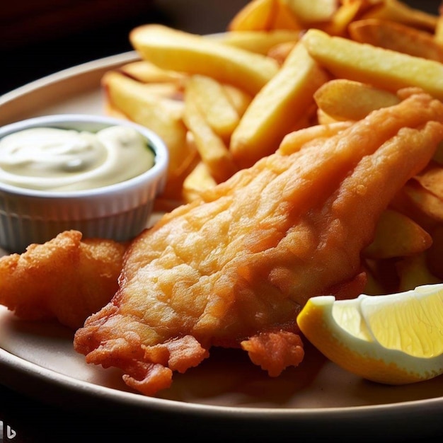 A plate of food with a lemon wedge and fish and chips.