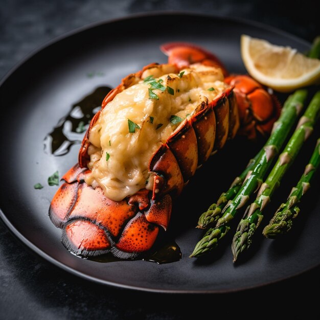 A plate of food with a lobster on it and asparagus on the side.