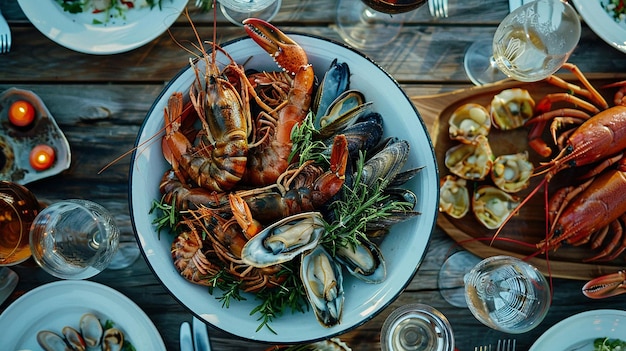 Photo a plate of food with lobsters and wine glasses on a table