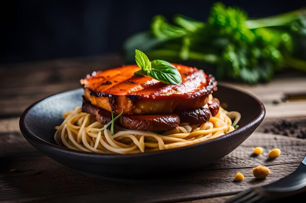 a plate of food with meat bacon and basil