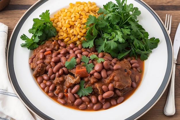 Photo a plate of food with meat and beans and parsley