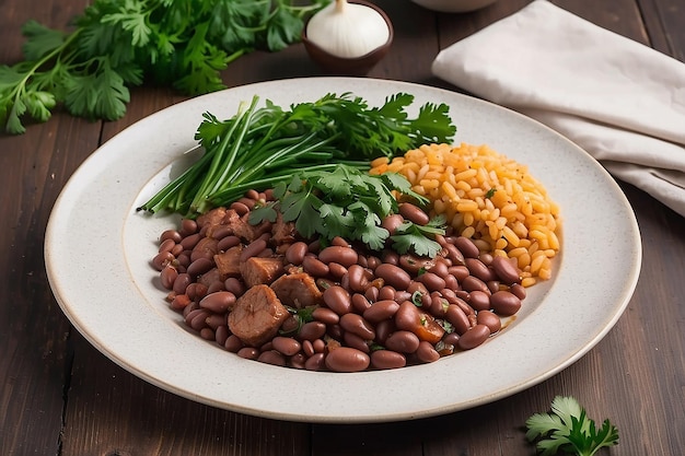 Photo a plate of food with meat and beans and parsley