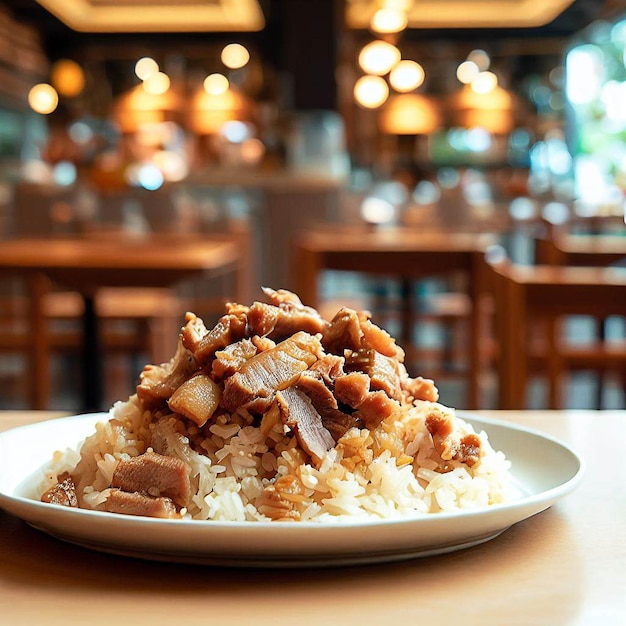 A plate of food with meat and pork on it