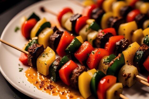 A plate of food with a meat skewer and vegetables.